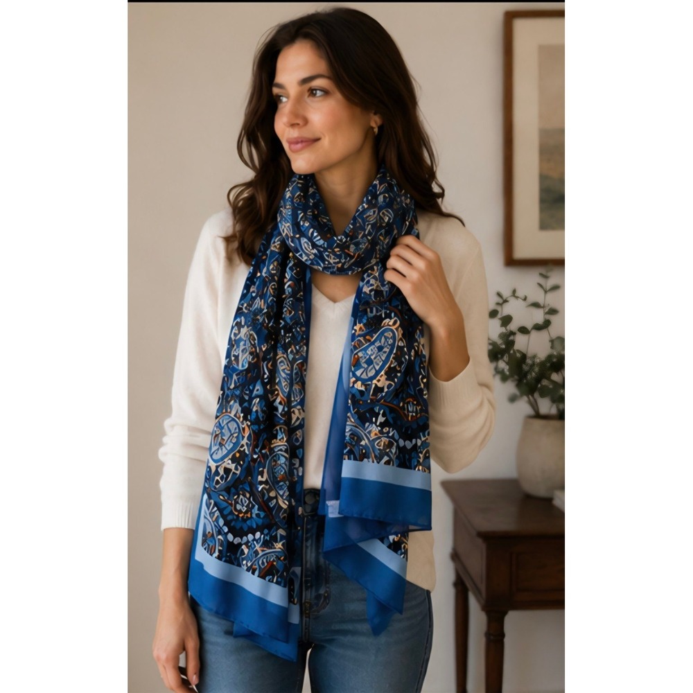 Vera Bradley Scarf‎ Women OS Blue Paisley Geometric Rayon Lightweight Wrap Shawl